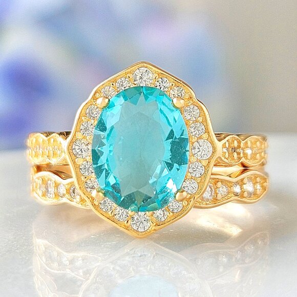 Gold and Aquamarine ring set, 925 Sterling Silver, 10k Gold finish - Picture 5 of 6